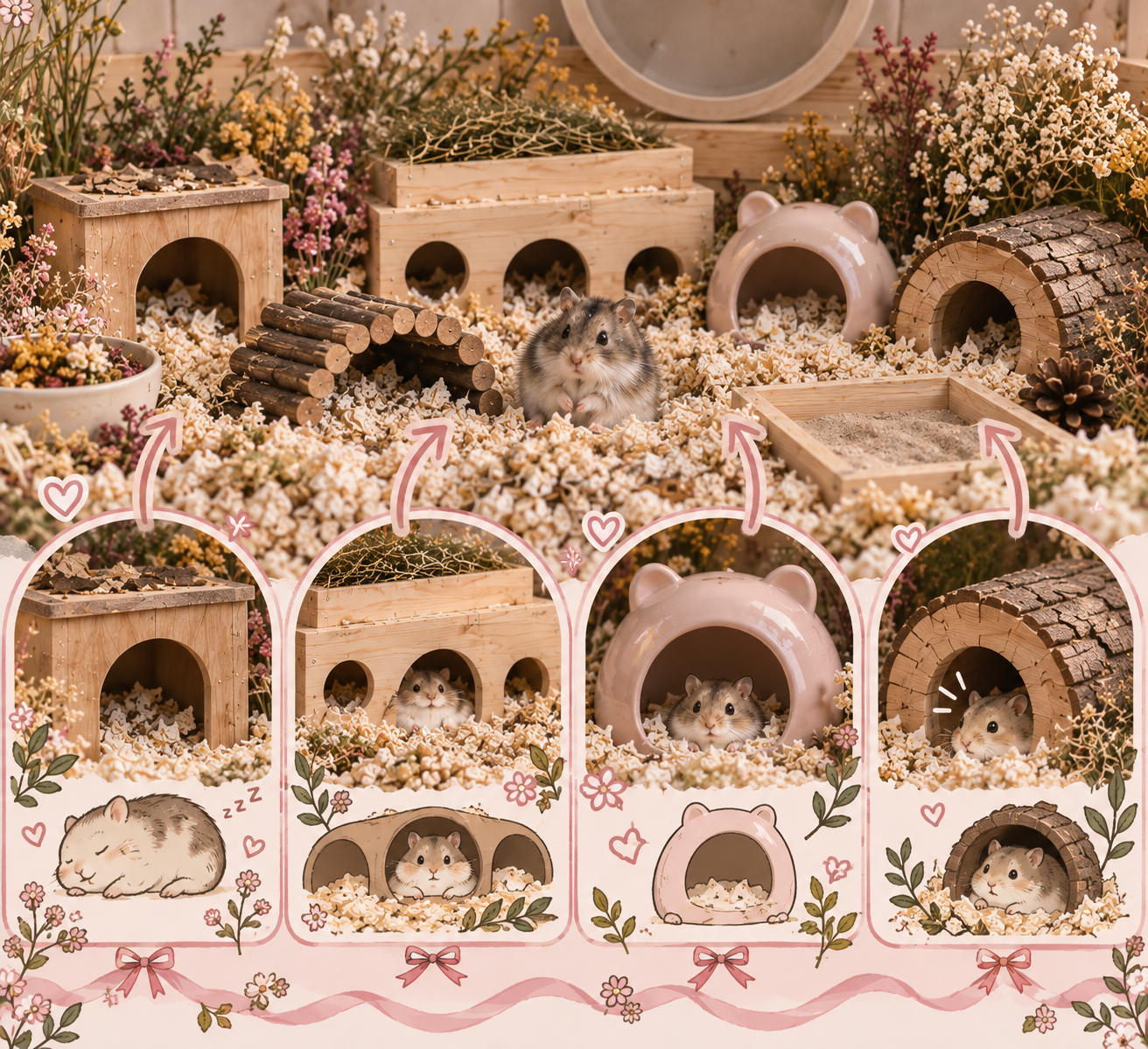 A hamster in its habitat, surrounded by imaginative, decorated hamster houses, flowers, and wooden structures. The scene is playful and colorful, featuring a mix of real and illustrated elements to depict different hamster homes.
