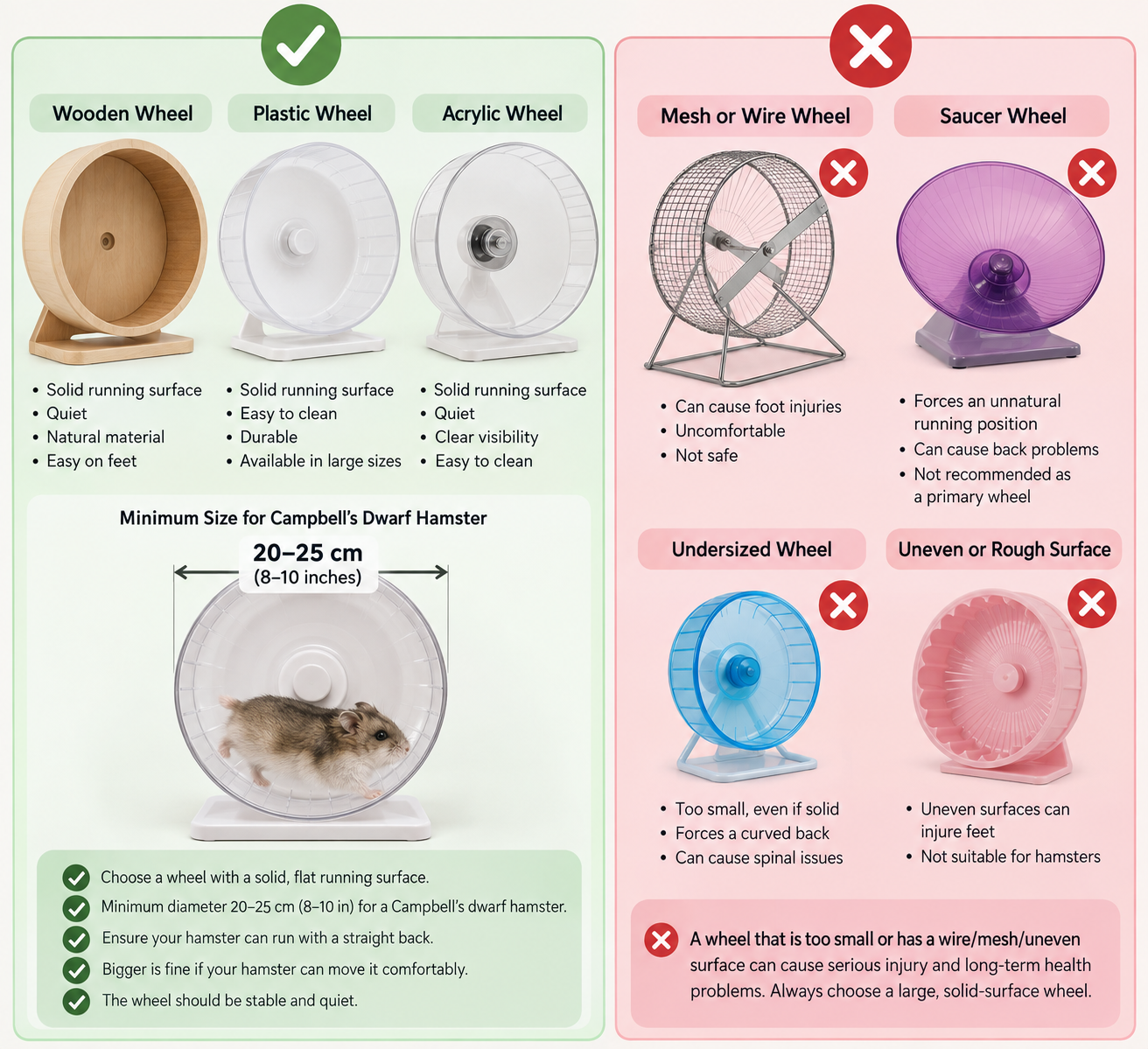 An infographic comparing suitable and unsuitable hamster wheels. The suitable options include wooden, plastic, and acrylic solid running surface wheels, each with features like durability and easy cleaning. The unsuitable options like mesh or wire, saucer, undersized, or uneven surface wheels are marked with red crosses, with explanations about the health risks such as foot injuries, back problems, or injury from uneven surfaces.