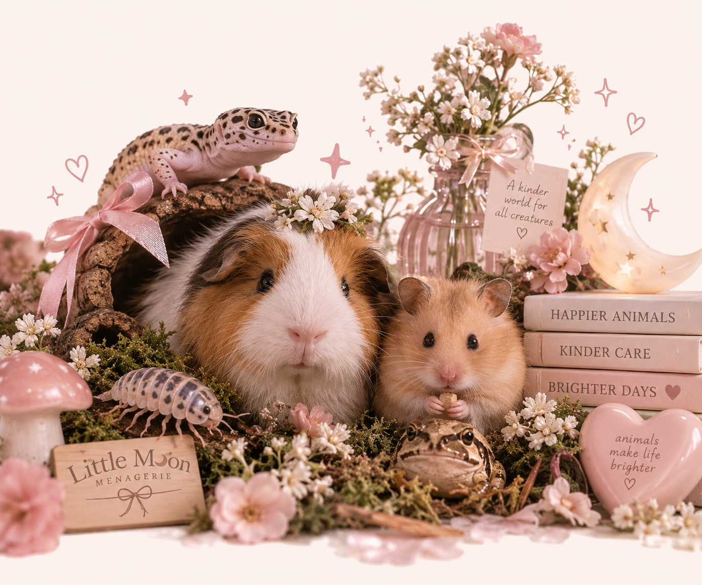 Cute guinea pig and hamster surrounded by pink flowers, a moon-shaped lamp, and decorative signs with messages about animals and kindness.