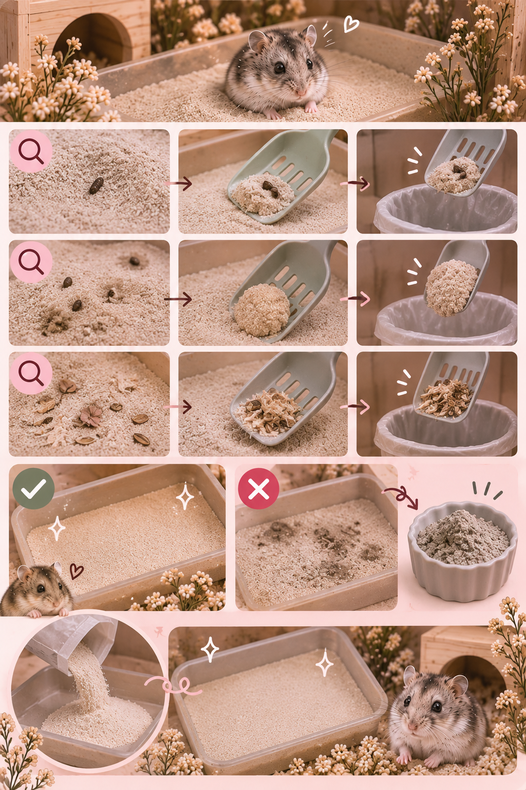 Step-by-step instructions for preparing hamster bedding with a grain-based substrate, showing a hamster and decorated with small flowers.