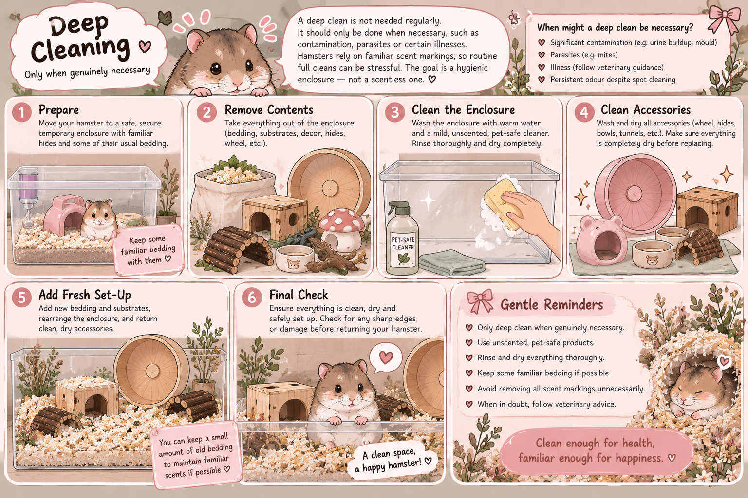 Infographic with instructions on deep cleaning a hamster enclosure, including steps to prepare, remove contents, clean the enclosure, clean accessories, add fresh substrate, perform final check, and reminders for safe cleaning, featuring illustrations of a hamster and cleaning supplies.
