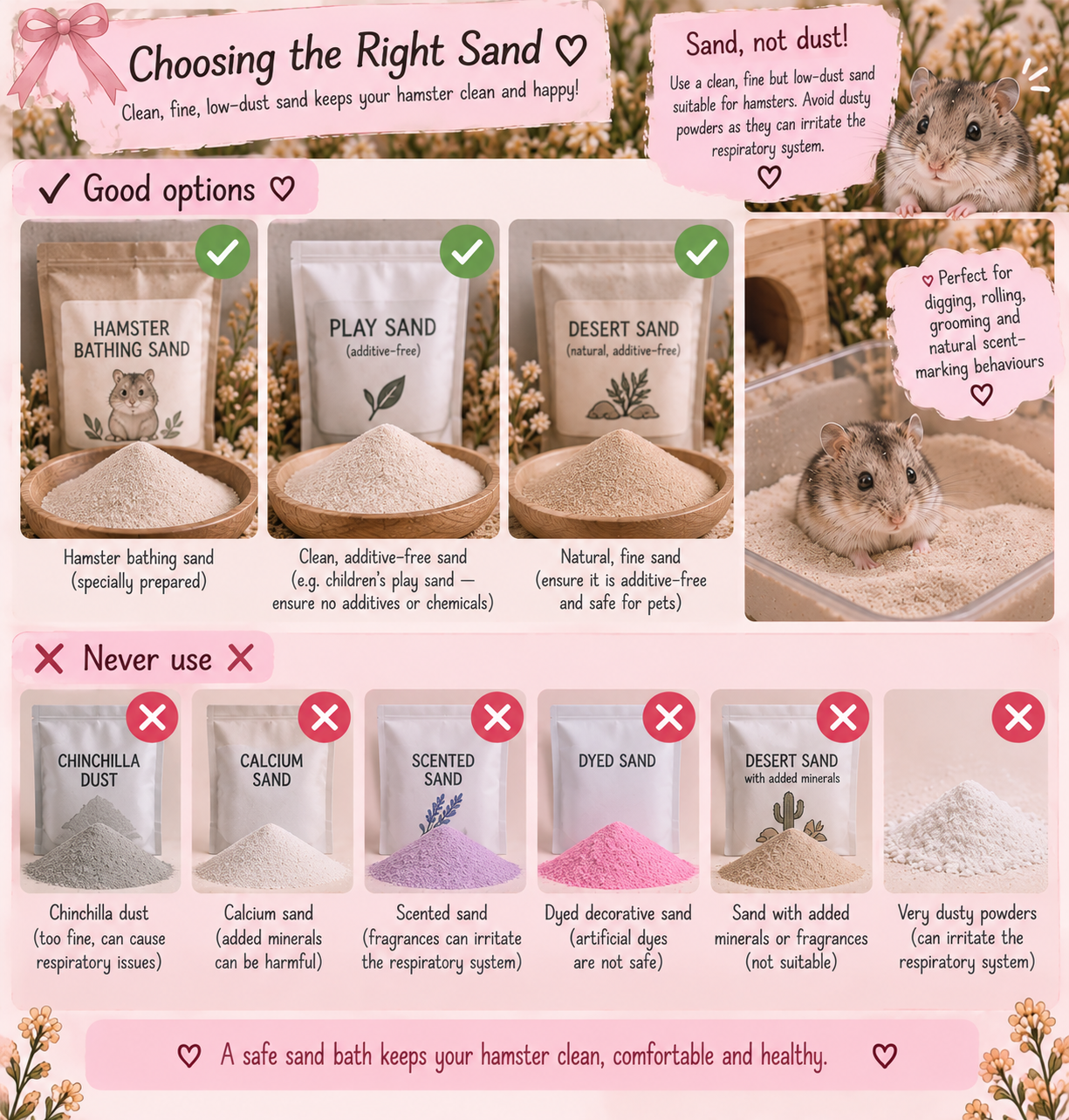 A guide on choosing the right sand for hamster baths, showing good options like hamster bathing sand, play sand, and desert sand, and warning against using chinchilla dust, calcium sand, scented sand, dyed sand, and sand with minerals or fragrances. It emphasizes using clean, fine, low-dust sand to keep hamsters healthy.