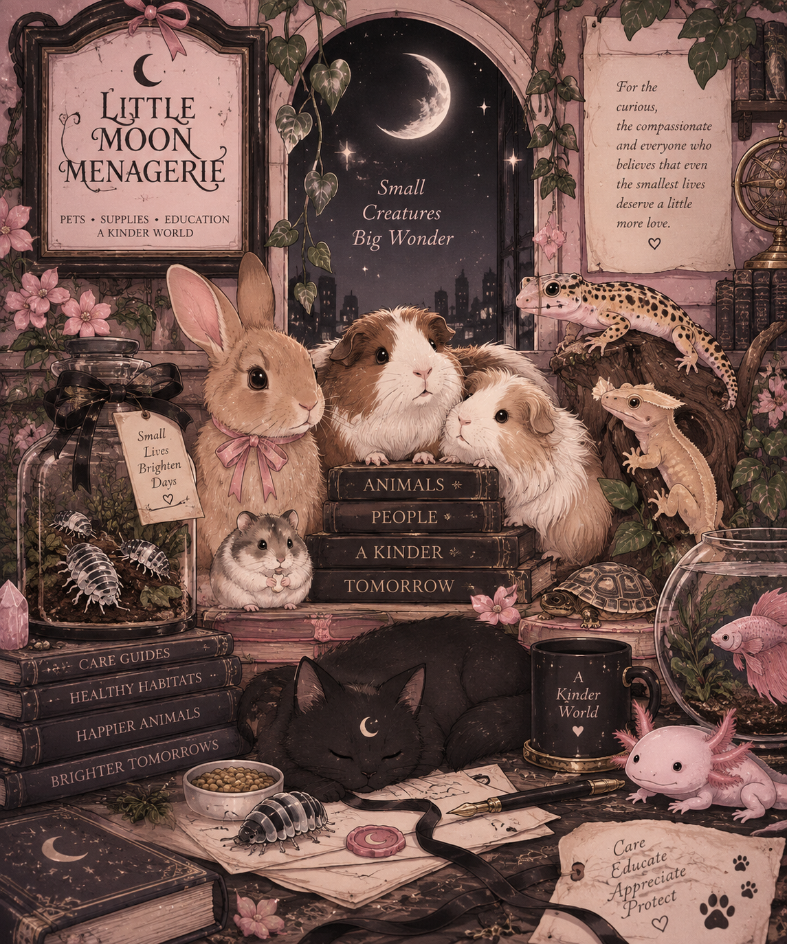 Cute animals including guinea pigs, a rabbit, guinea pig, a cat, and geckos are gathered around books and plants in a cozy room with a window showing a moonlit night. The scene includes decorative elements like flowers, a turtle, fish tank, and signs with messages about kindness and love.
