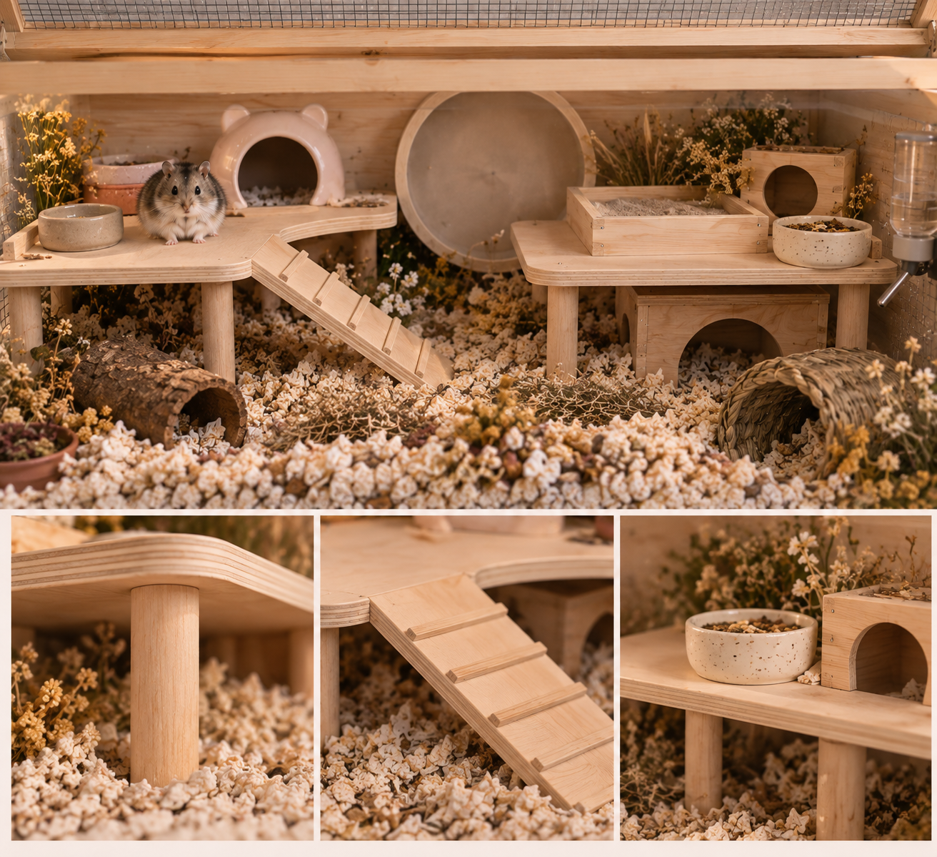 Hamster in a wooden cage with platforms, ramps, and accessories, surrounded by flowers and bedding.