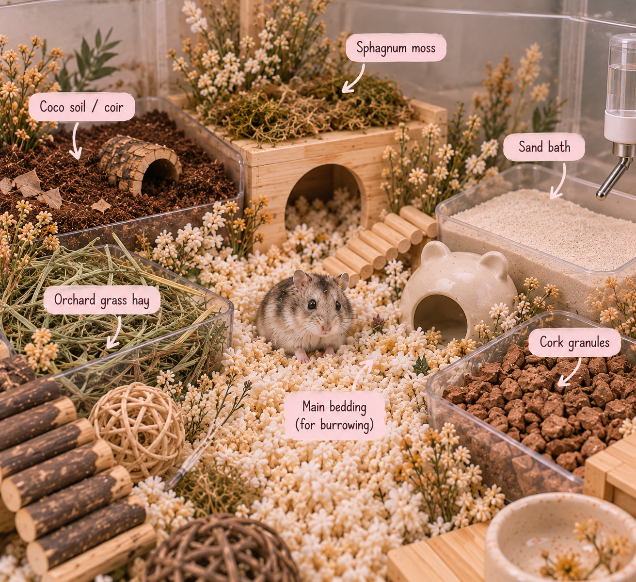 A hamster in its enclosure with labeled items including coco soil/coir, sphagnum moss, sand bath, orchard grass hay, cork granules, main bedding for burrowing, and decorative elements such as flowers, wooden bridges, and a ceramic hideout.