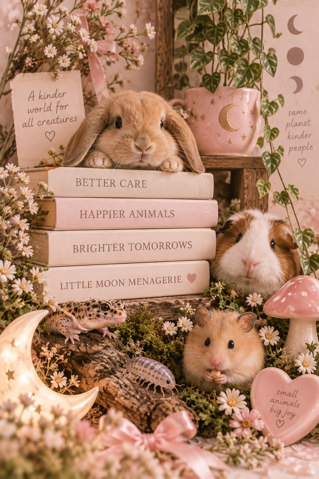 Cute bunnies in a decorative setting with books, flowers, plants, and small animals like a gecko and a pillbug, surrounded by pink and white decor, including a pink mushroom ornament and a heart-shaped plaque that reads 'small animals big joy.'
