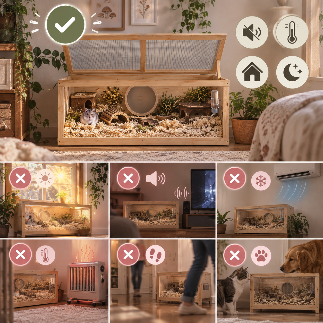 Collage of six images showing different pet enclosures and environmental settings. The top image depicts a hamster in a wooden cage with wood shavings, toys, and plants. The remaining five images show various enclosure setups with indicators for different environmental controls like temperature, noise, air conditioning, heating, and pets such as a cat and a dog.