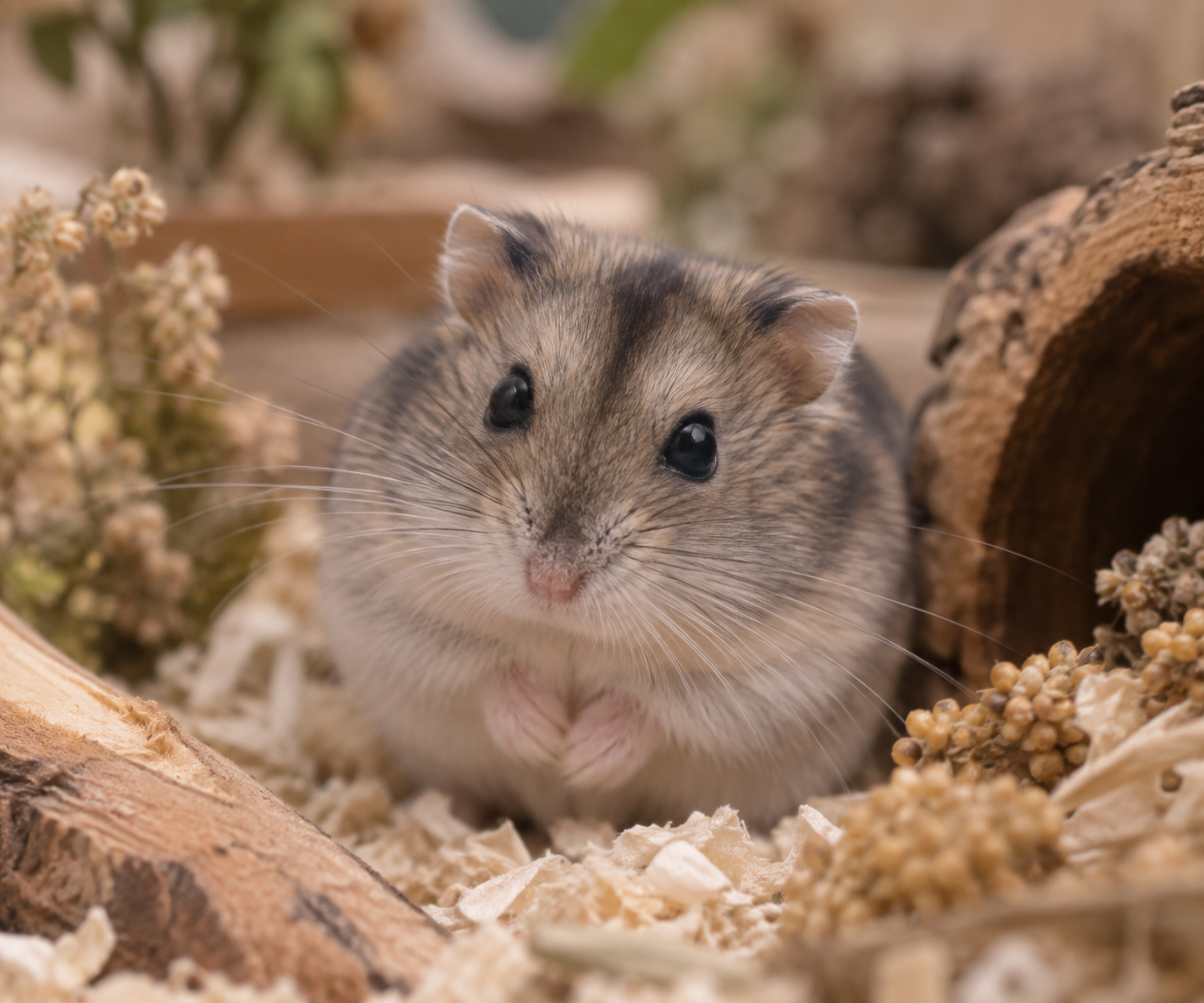 Close-up of a hamster among wood and dried plants.