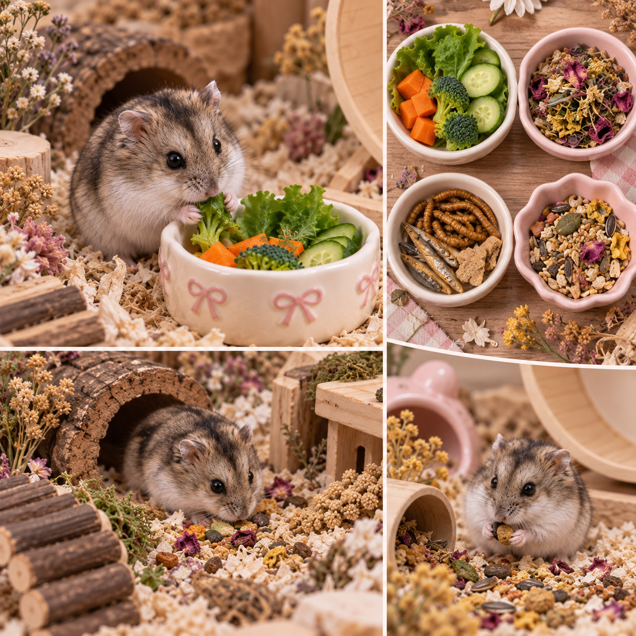 Close-up of a hamster with a mix of light and dark fur, nibbling on a fresh vegetable salad in a pink bowl decorated with pink bows. Surrounding the hamster, there are wooden logs, flowers, and small wooden structures. In the background, there are multiple small bowls filled with various herbs, vegetables, dried insects, and a mixture of seeds and dried flowers, all set in a cozy, natural habitat.