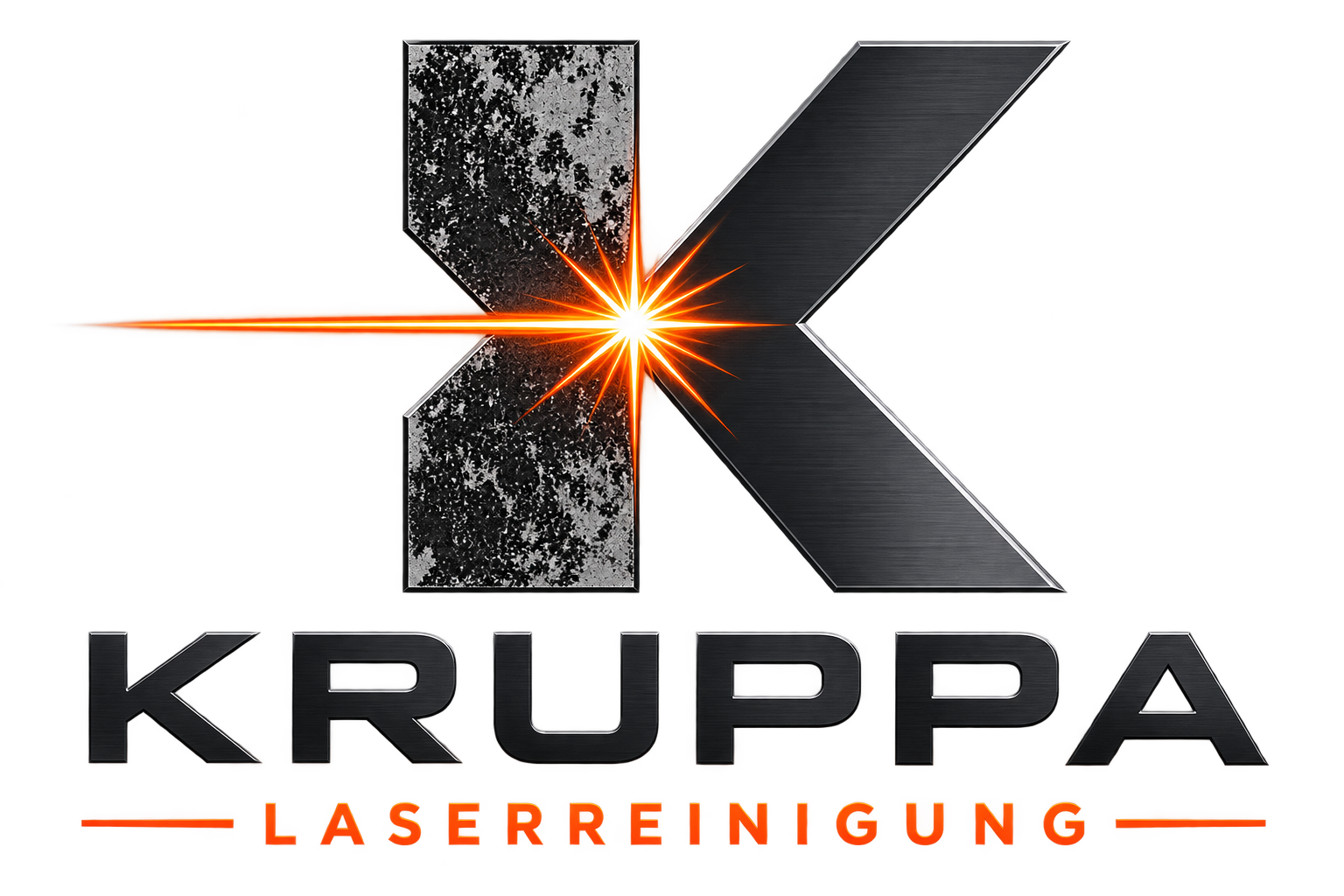 Logo mit einem metallischen K, das beim Laserstrahl eine Explosion erzeugt, darunter der Text 'KRUPPA' und der Schriftzug 'LASERREINIGUNG' in orange Neonoptik.