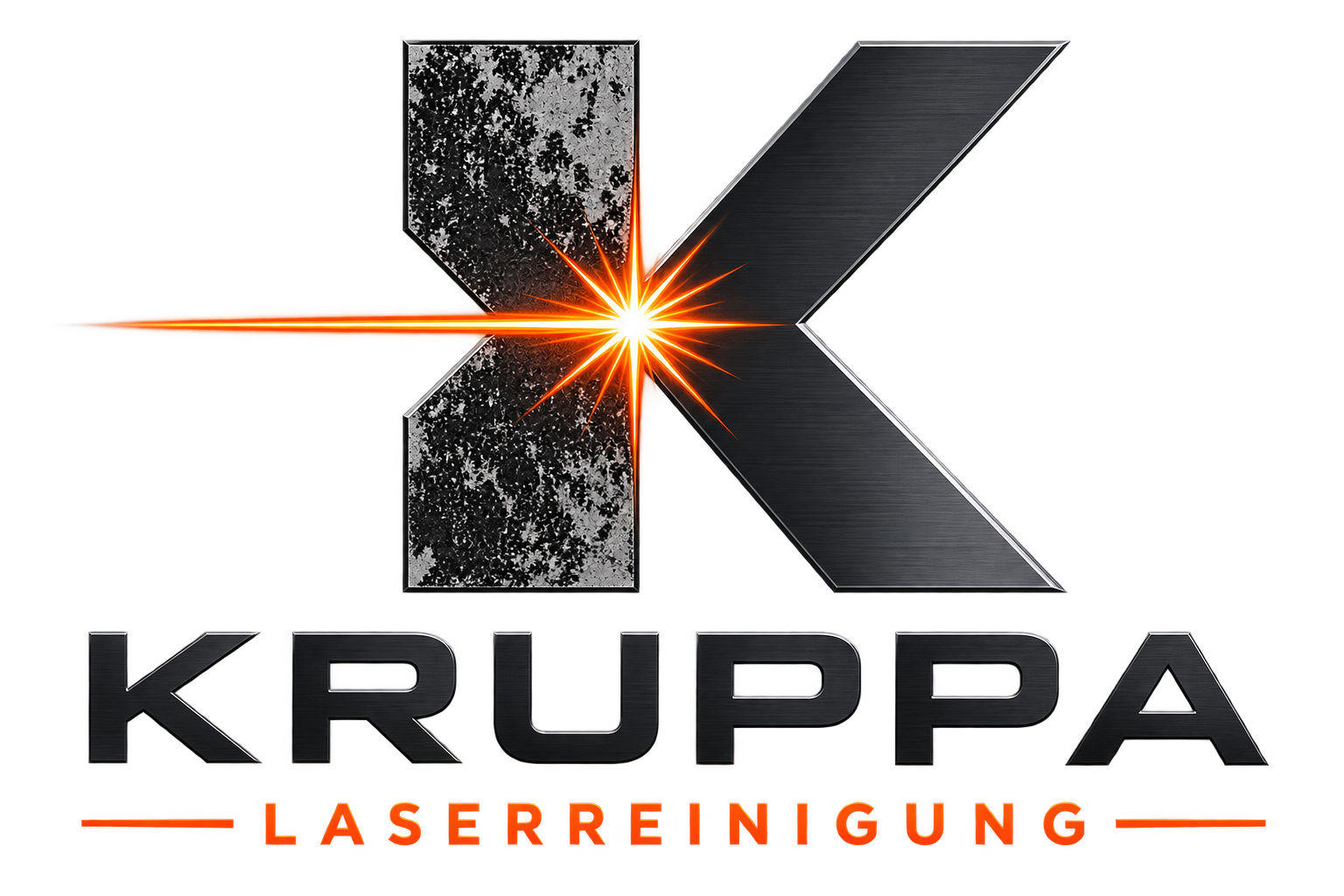 Logo mit dem Wort "KRUPPA" in großen schwarzen Buchstaben, darunter "LASERREINIGUNG" in roten Buchstaben, mit einem grafischen Design eines Laserstrahls, der auf den Buchstaben zeigt, auf schwarzem Hintergrund.