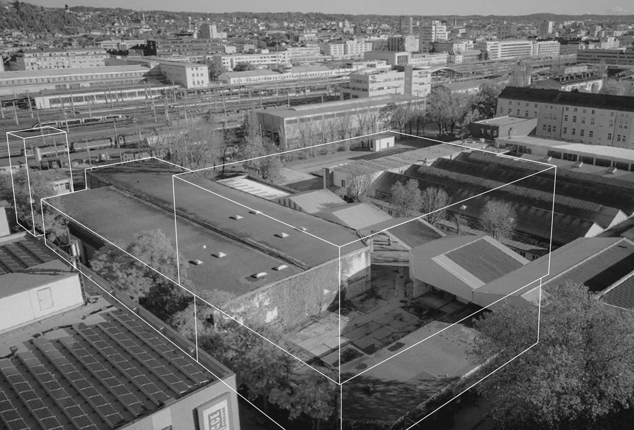 Schwarz-Weiß-Hochhaus und Stadtszene mit überlagerten 3D-Boxen, die einen Teil des Gebäudes hervorheben