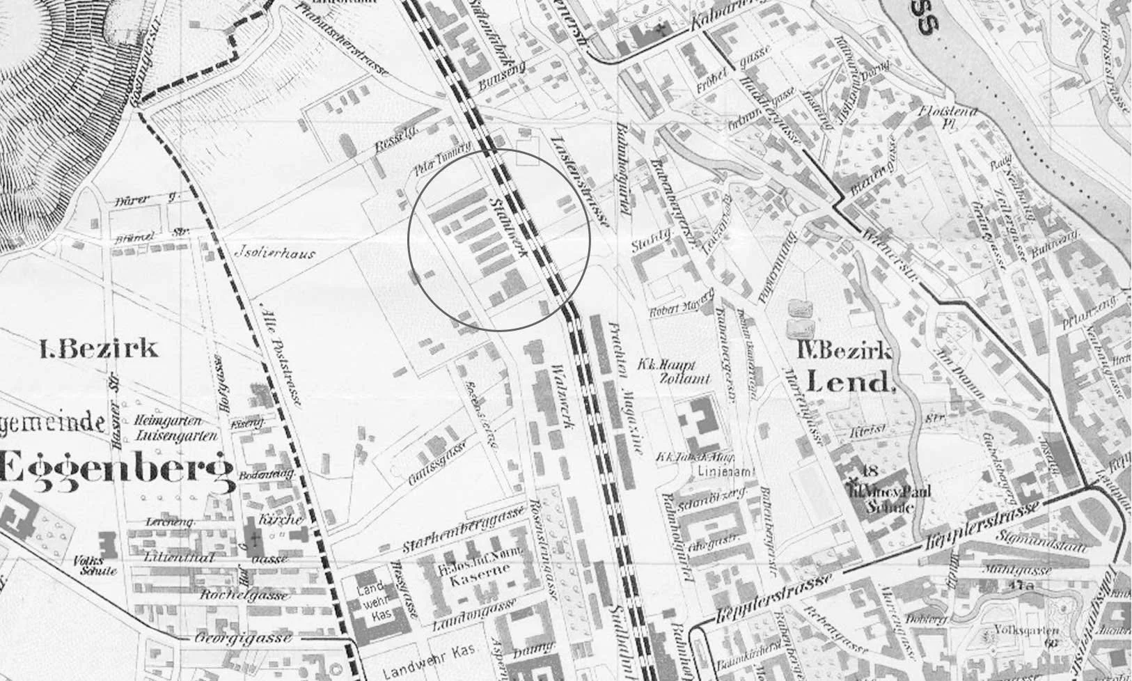 Historische Karte Stadt Graz Lend und Eggenberg, Bahnhof Stahlwerk markiert, 1843