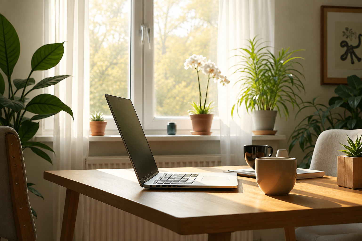 A home office with a wooden desk, laptop, two coffee mugs, and potted plants near a window with sheer curtains, daylight, and trees outside.