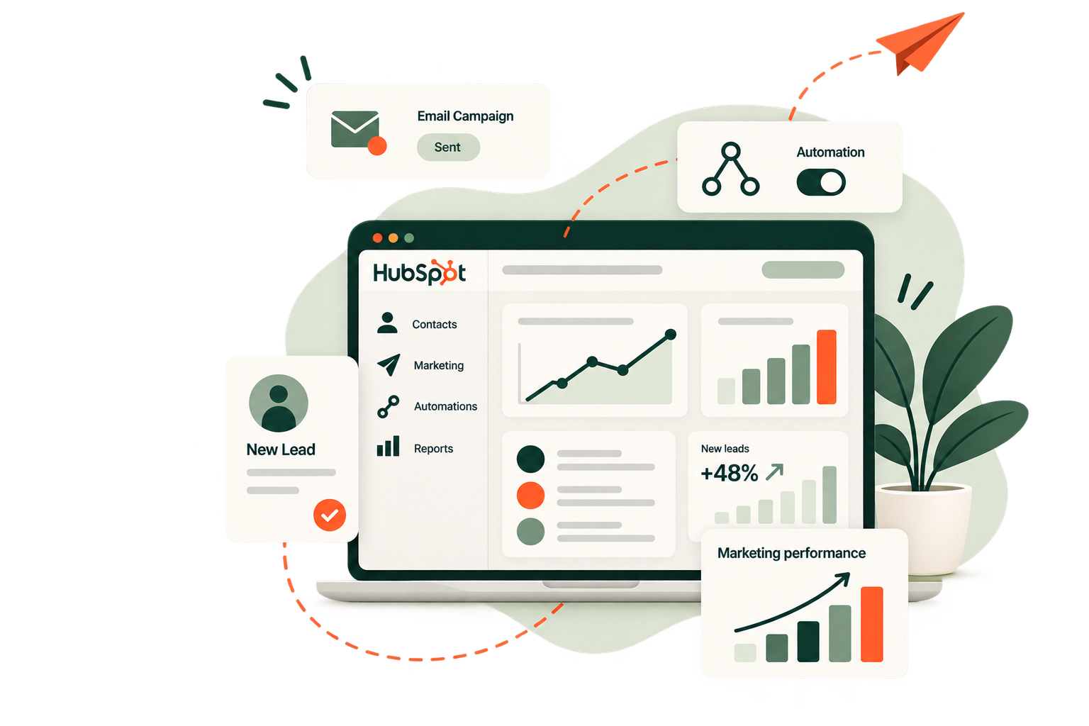 Dashboard of HubSpot showing analytics, contacts, marketing, automations, and reports, surrounded by icons representing email campaign, automation toggle, new lead with checkmark, and marketing performance chart, with a plant in the background.