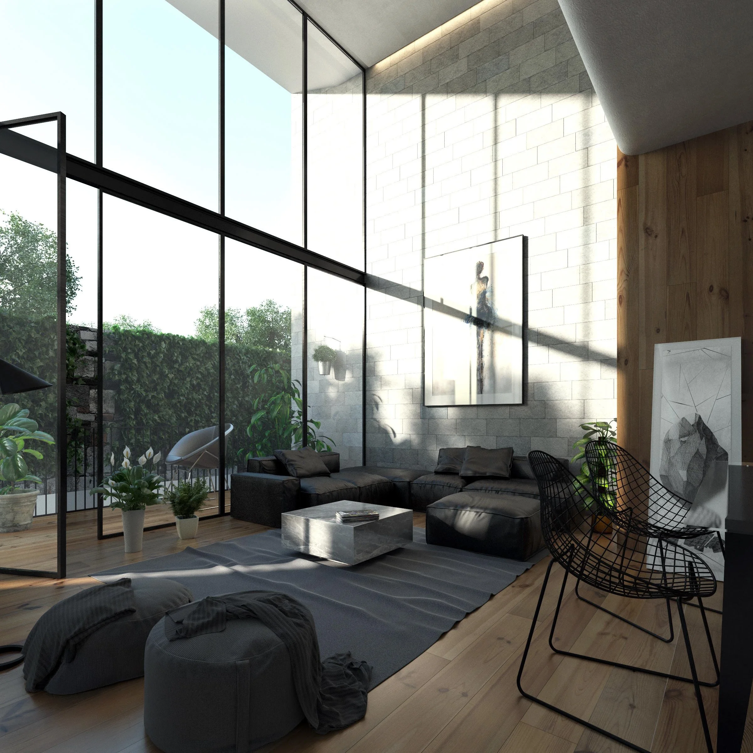 Modern living room with large floor-to-ceiling windows, black wireframe chairs, gray bean bag chair, low marble coffee table, potted plants, wooden ceiling, and white brick wall with artwork. Natural light illuminates the space.