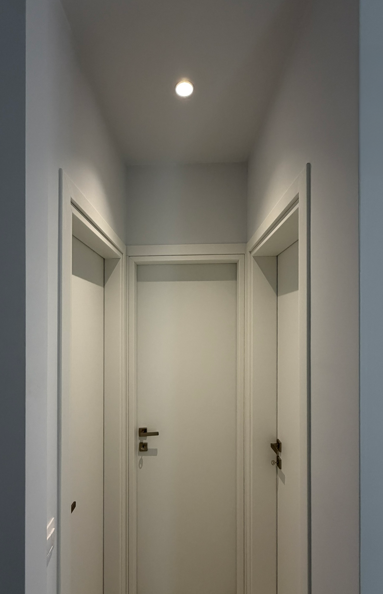 A hallway with two white elevator doors and a plain white door at the end, under a ceiling light.