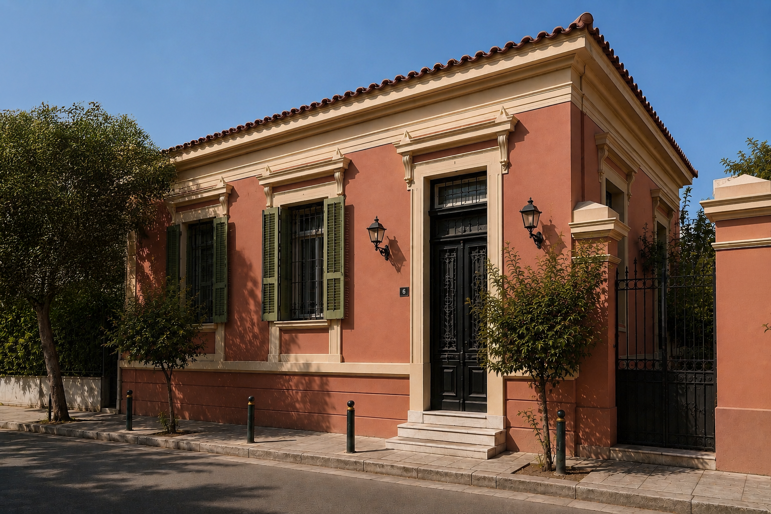 A pink house with green shutters, black front door, two small trees in front, and a black wrought iron gate on the right.