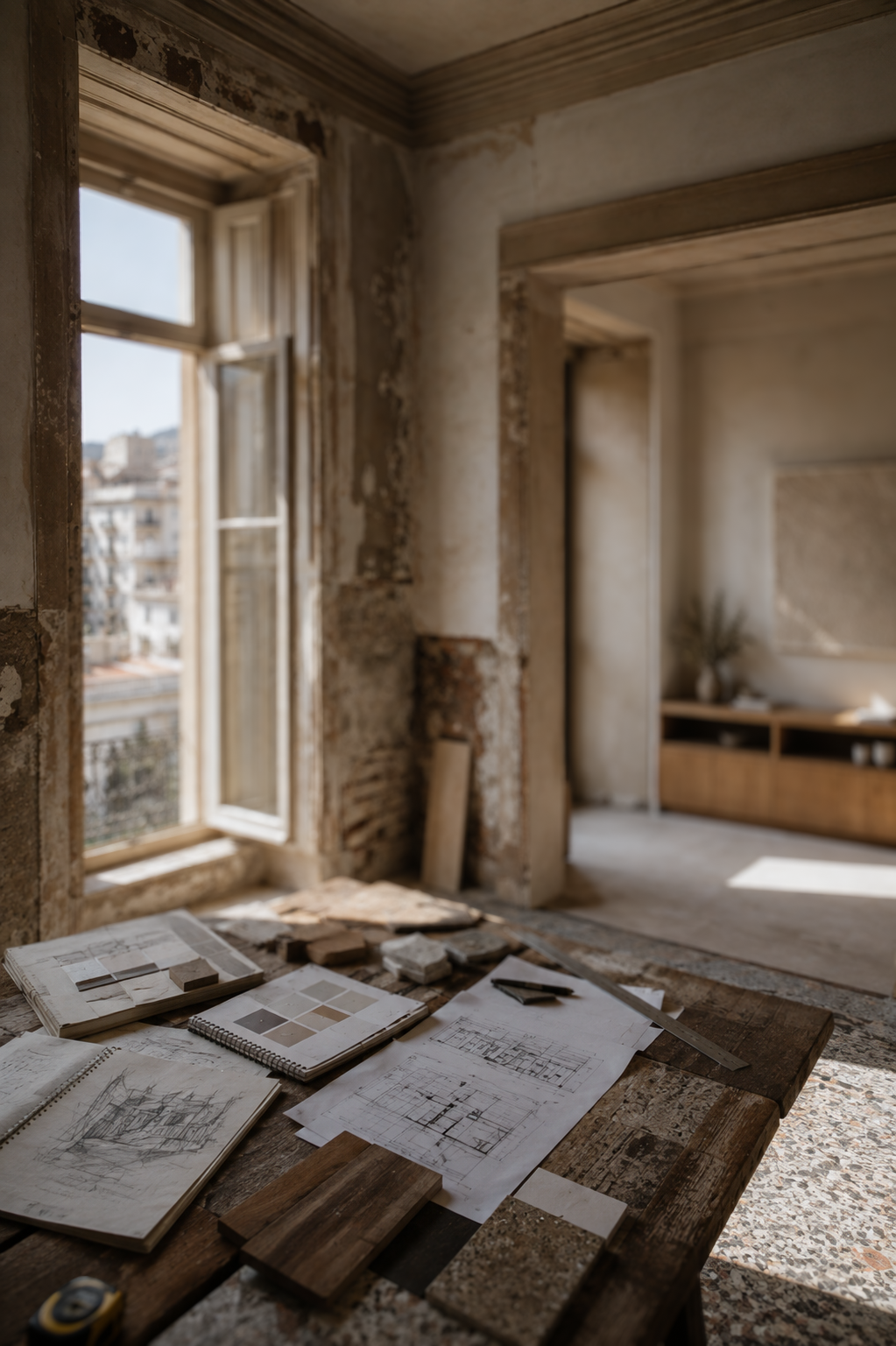 Interior of a room under renovation with tools, sketches, and material samples on a wooden table, sunlight coming through an open window.
