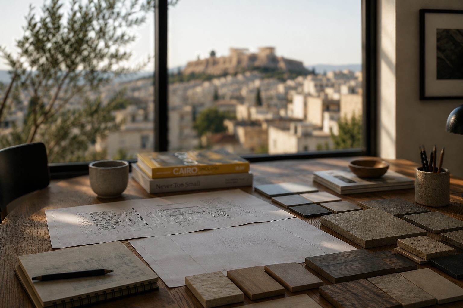Interior of a room with a large desk showing architectural drawings, tile samples, and books, overlooking a cityscape with a hilltop fortress through large windows.
