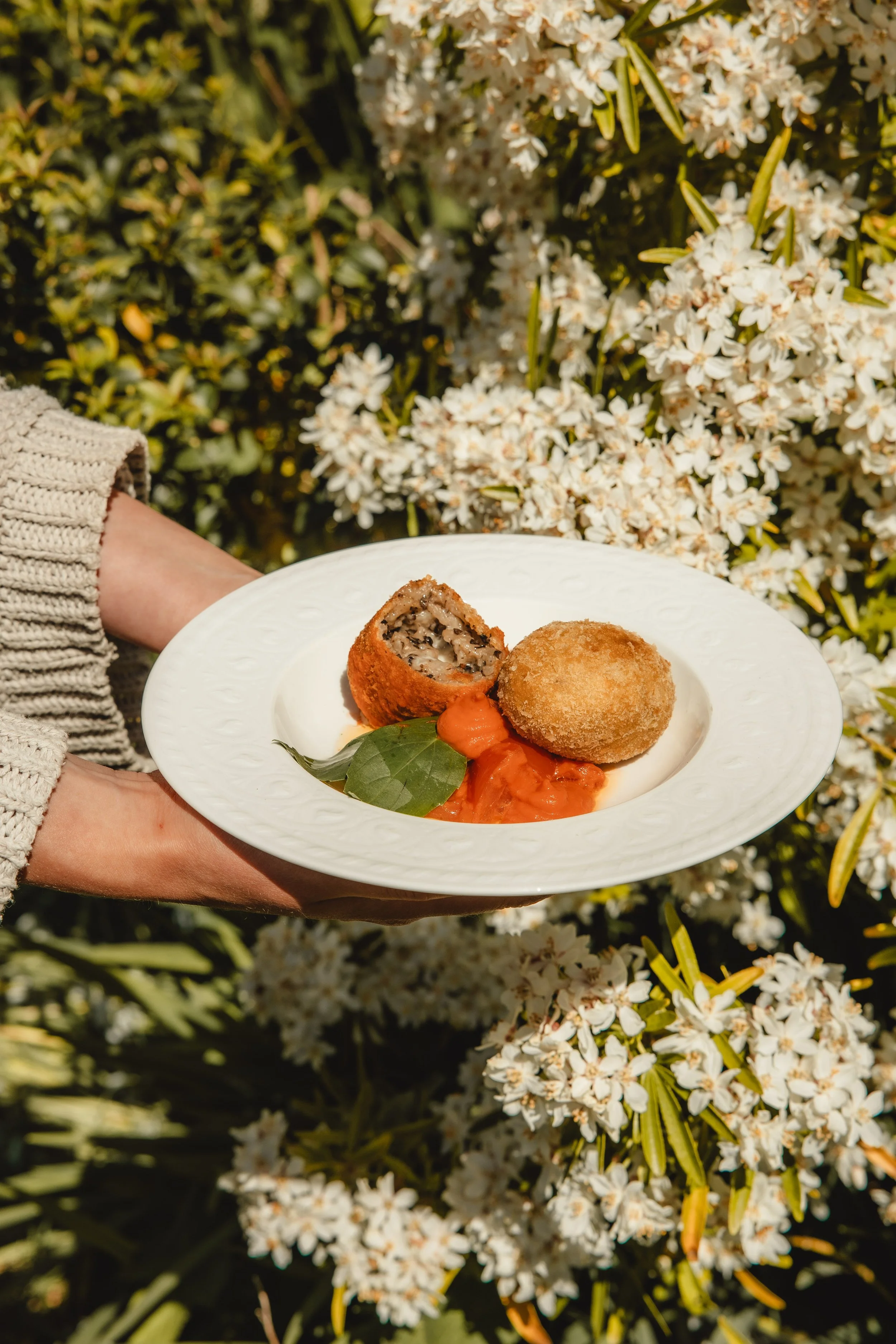 Person holding a white plate with two fried food items and some dipping sauce, with white flowers in the background.