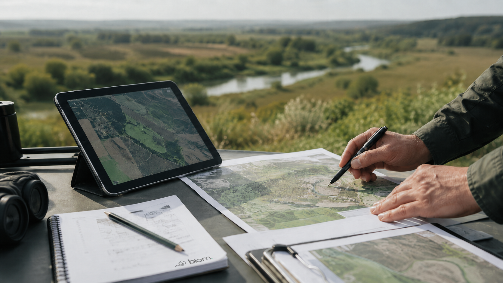 Pessoa analisando mapas e usando um tablet com vista de um rio e áreas verdes ao ar livre.