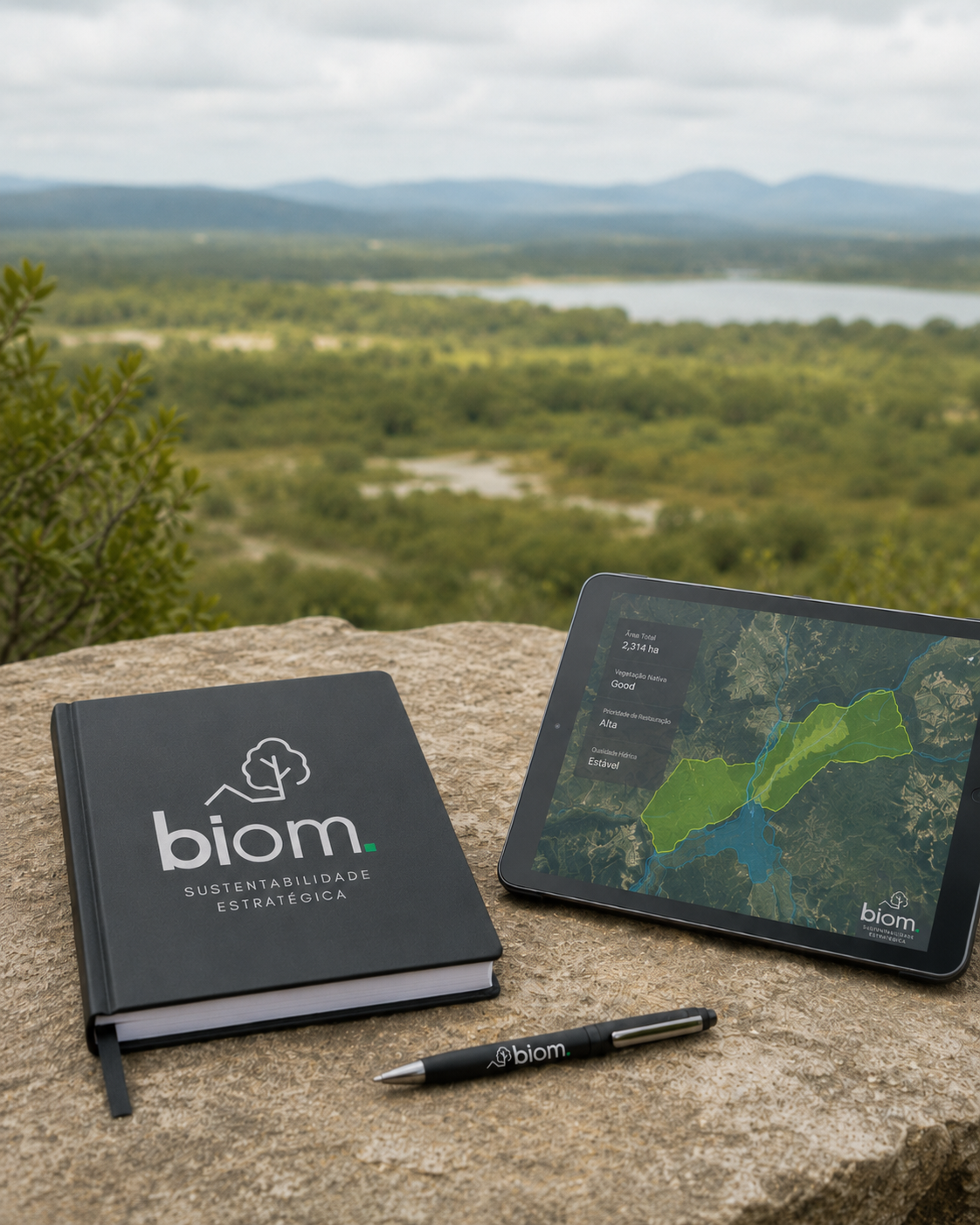 Caderno, caneta e tablet com mapa de análise de uso da terra em uma paisagem de floresta e lago ao fundo.