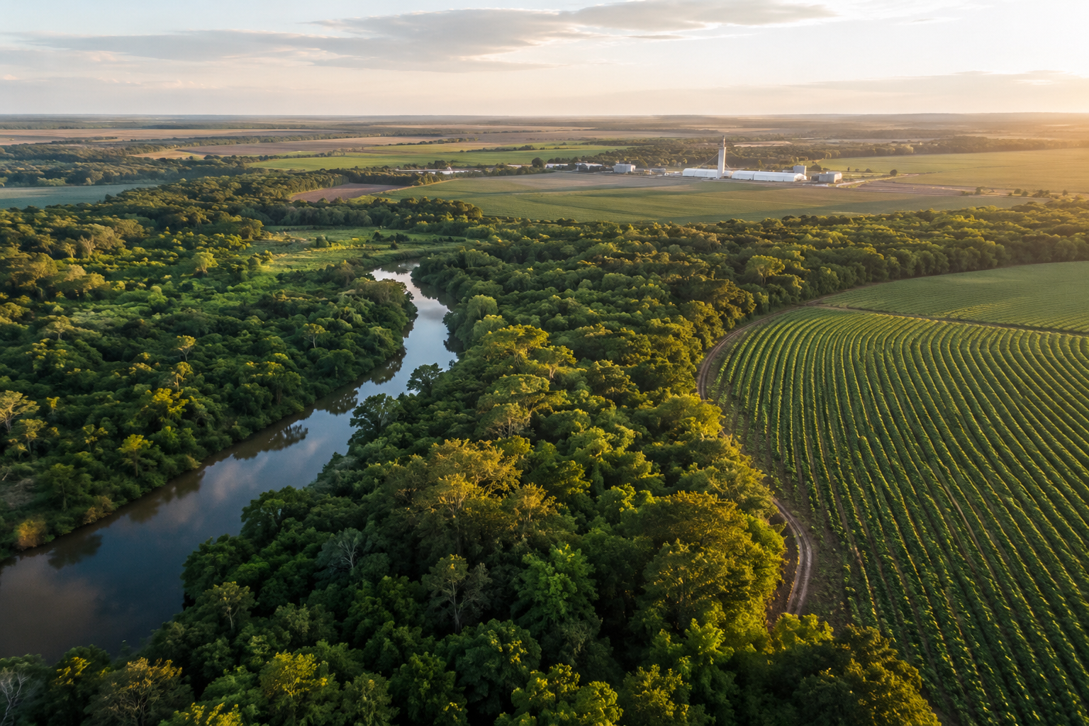 Foto aérea de uma paisagem rural com um rio que atravessa uma floresta densa, campos de plantação de vinha e uma instalação industrial ao fundo ao pôr do sol.