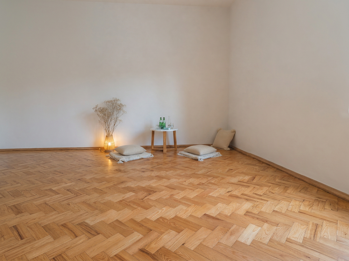 Minimalist room with wooden parquet floor, a small white table with bottles and glasses, cushions and pillows on the floor, a lit floor lamp, and a decorative dried plant.