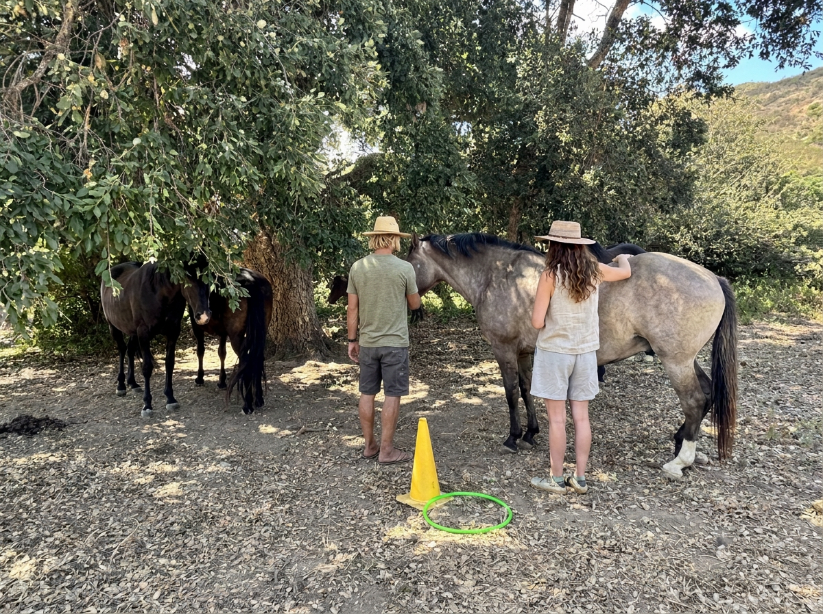 Two women and a man with horses under a large tree in an outdoor setting, with a yellow cone and a green hula hoop on the ground.