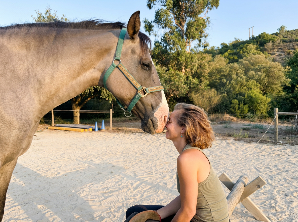 A woman and a horse touching noses on a sandy outdoor area with trees and hills in the background.