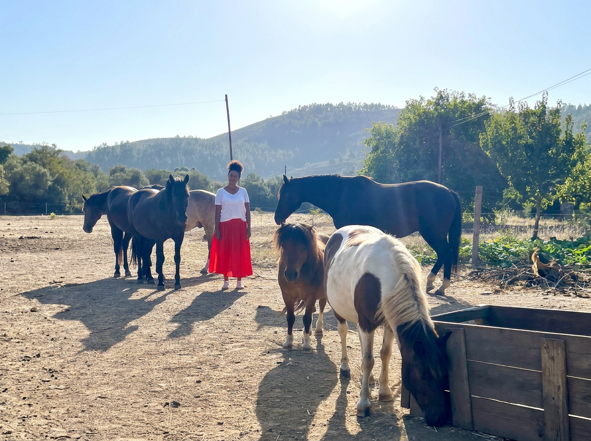 A woman in a white shirt and red skirt standing among six horses in an open field with mountains in the background and trees on the right side.