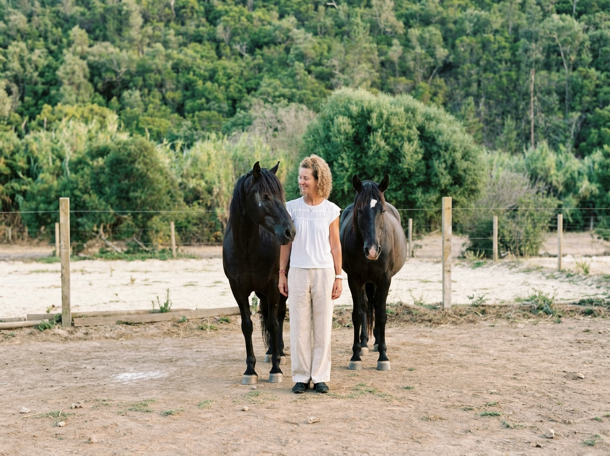 A woman standing between two black horses in an outdoor paddock with a backdrop of green trees and hills.