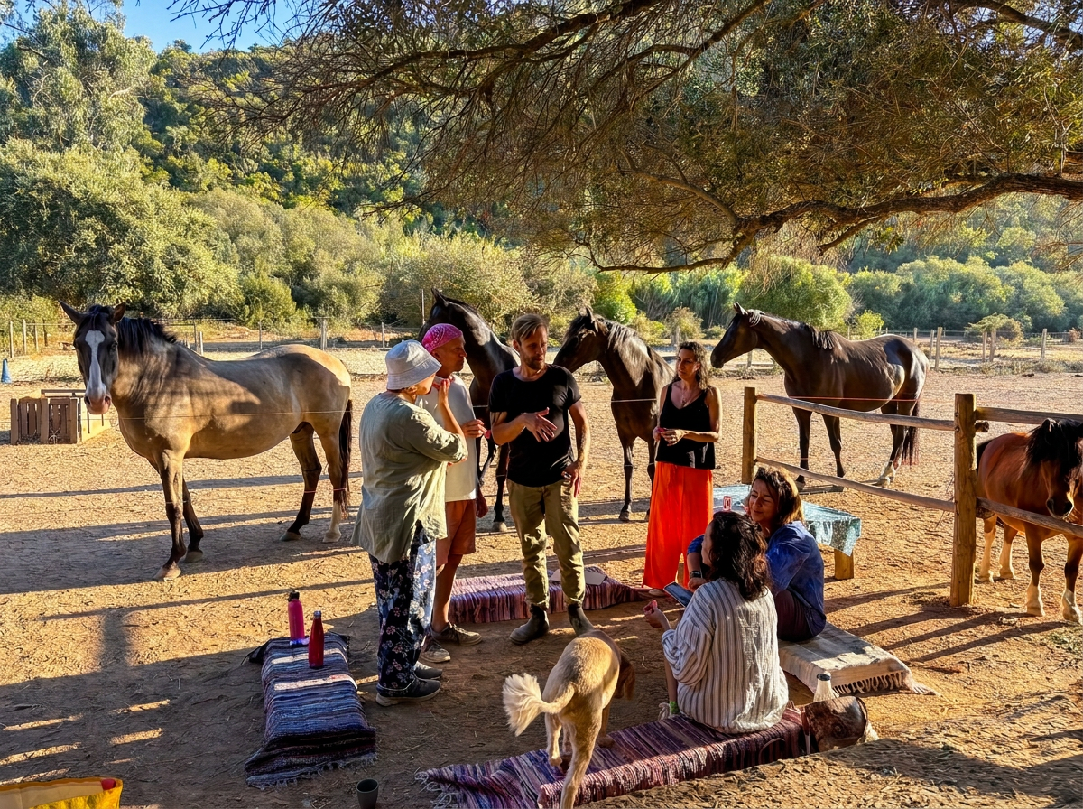 Group of people with horses outdoors in a sunny field, sitting on blankets and engaging in conversation, with trees and a wooden fence in the background.