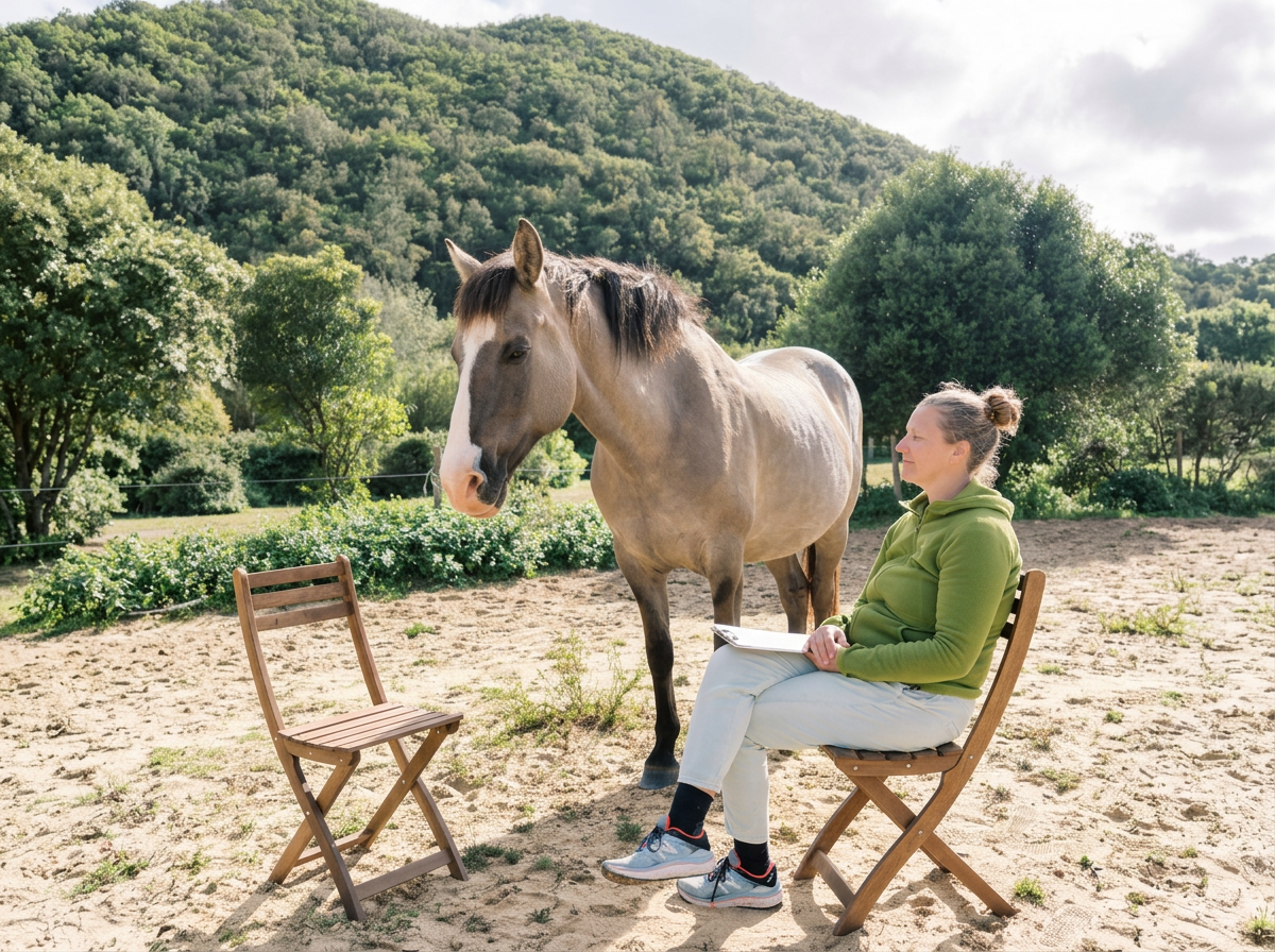 A woman sitting on a wooden chair outdoors in a green landscape with a horse standing nearby, viewing each other.