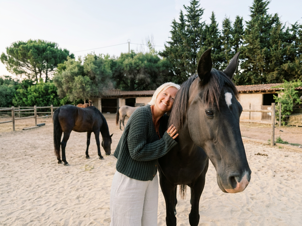 A woman with blonde hair smiling and hugging a black horse with a white star marking on its forehead in a sandy paddock with other horses and trees in the background.