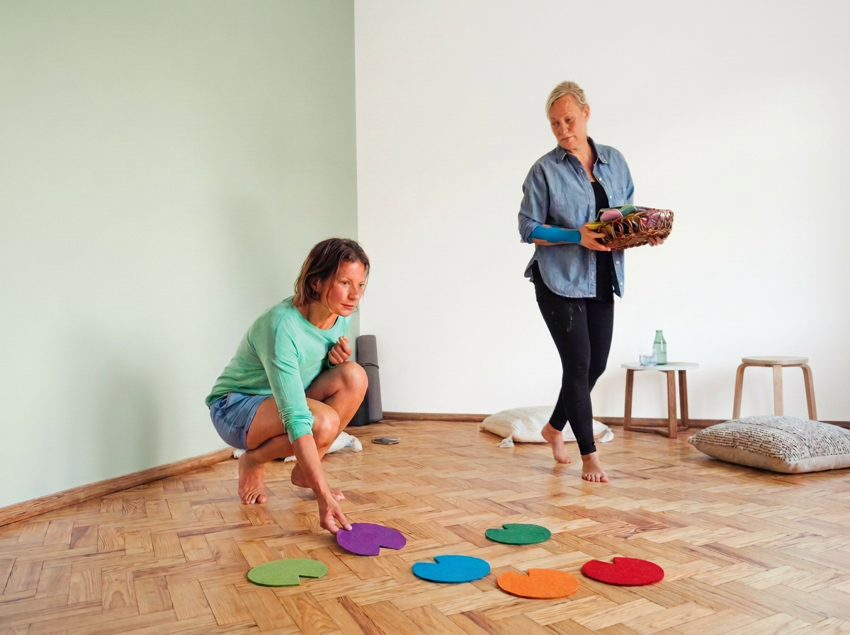 Two women in a room with light wooden flooring, one crouching to pick up a purple felt circle, and another standing holding a basket of multicolored felt circles.