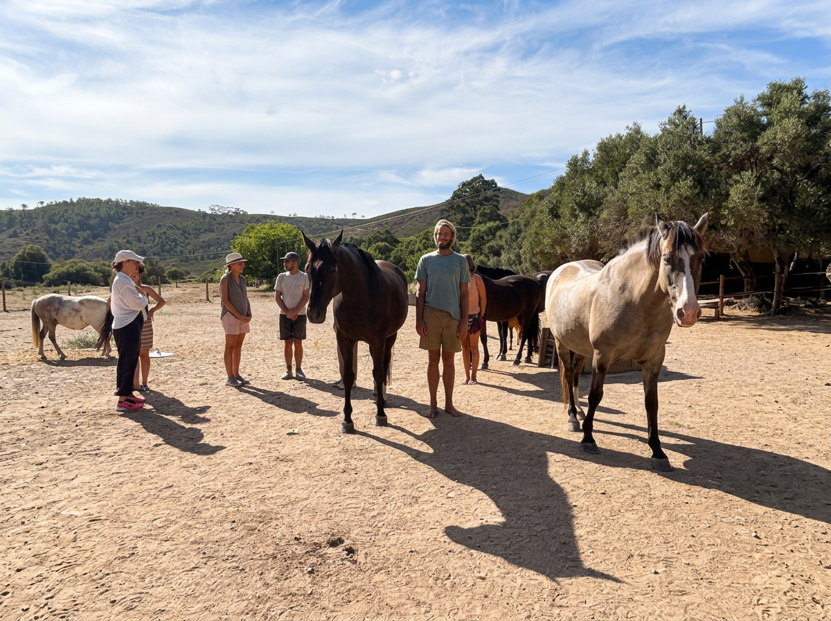 Group of people standing with horses in an outdoor paddock on sunny day with hills and trees in the background.