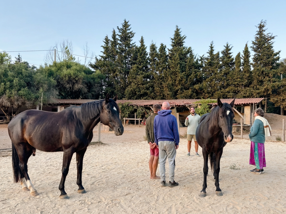 Group of five people talking and two horses in an open sandy area with trees and rustic buildings in the background.