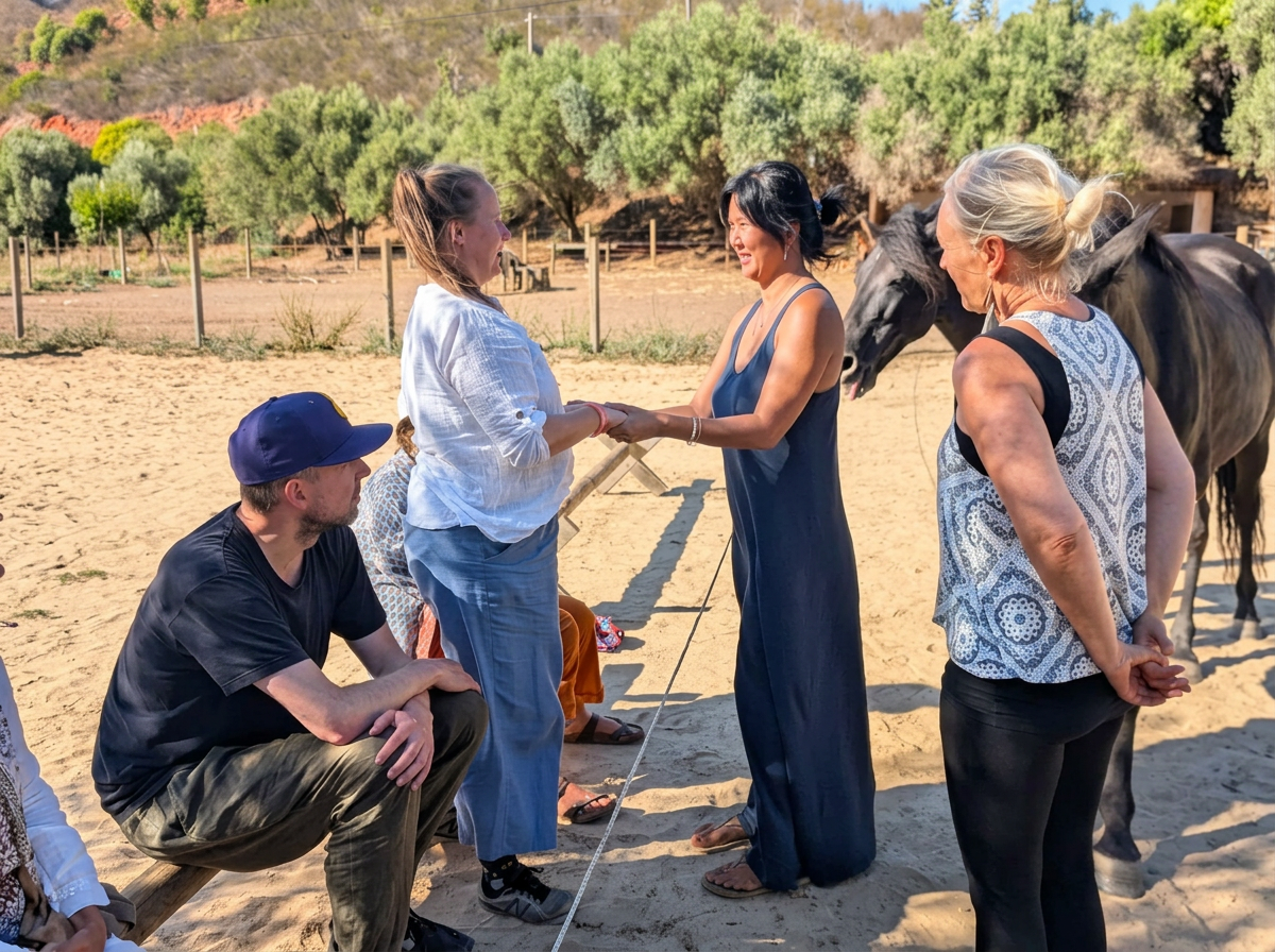 A group of five people and two horses in an outdoor setting. Two women are standing and holding hands, shaking hands; one woman has dark hair and is wearing a blue dress, the other has gray hair and is wearing a sleeveless top. The woman with gray hair is standing with her hands clasped behind her back. A man with a blue cap and black t-shirt is sitting on a bench, observing the interaction. The background features green trees and a clear sky.