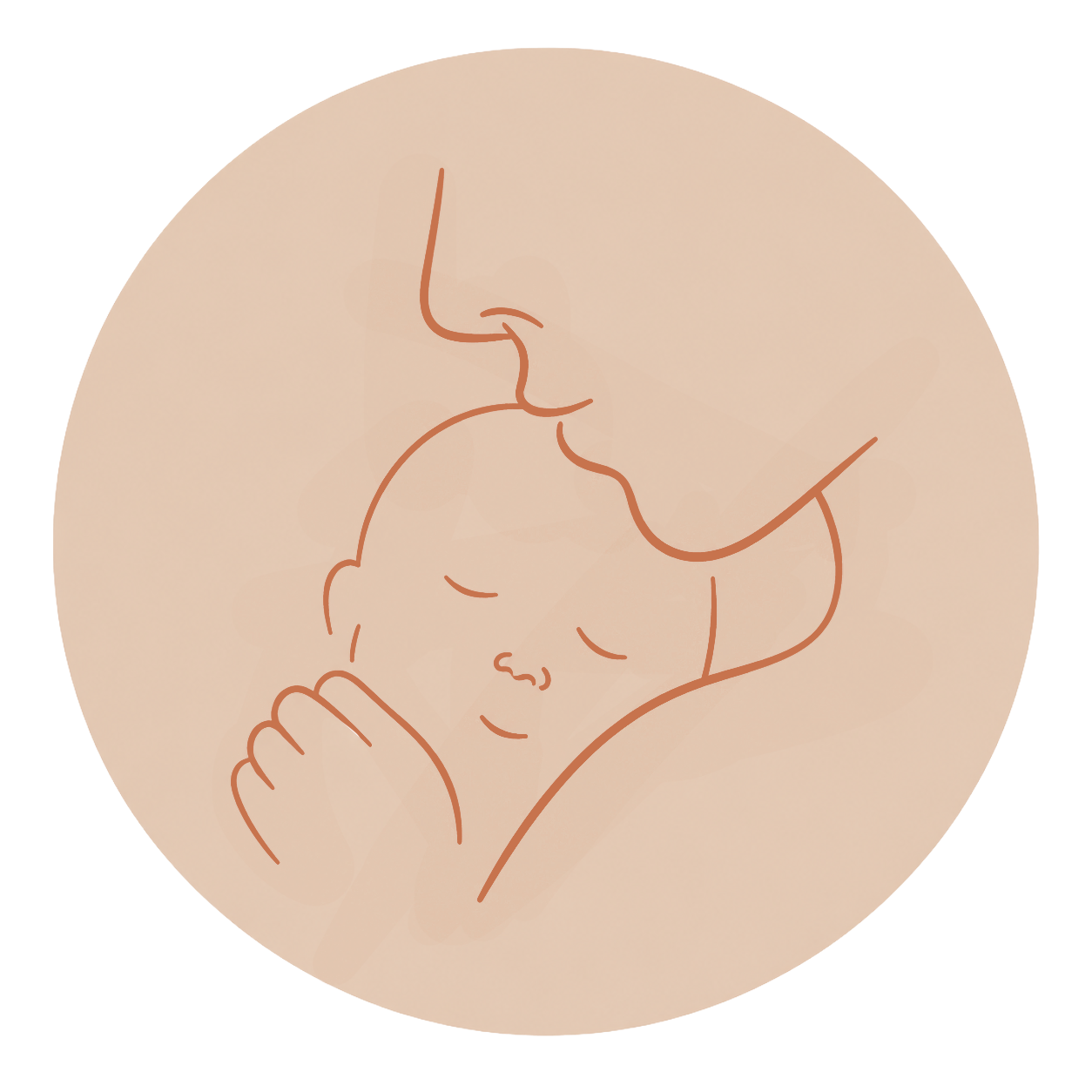 Linienzeichnung eines schlafenden Babys, das von einer Frau liebevoll gehalten wird, mit sanften Farben.