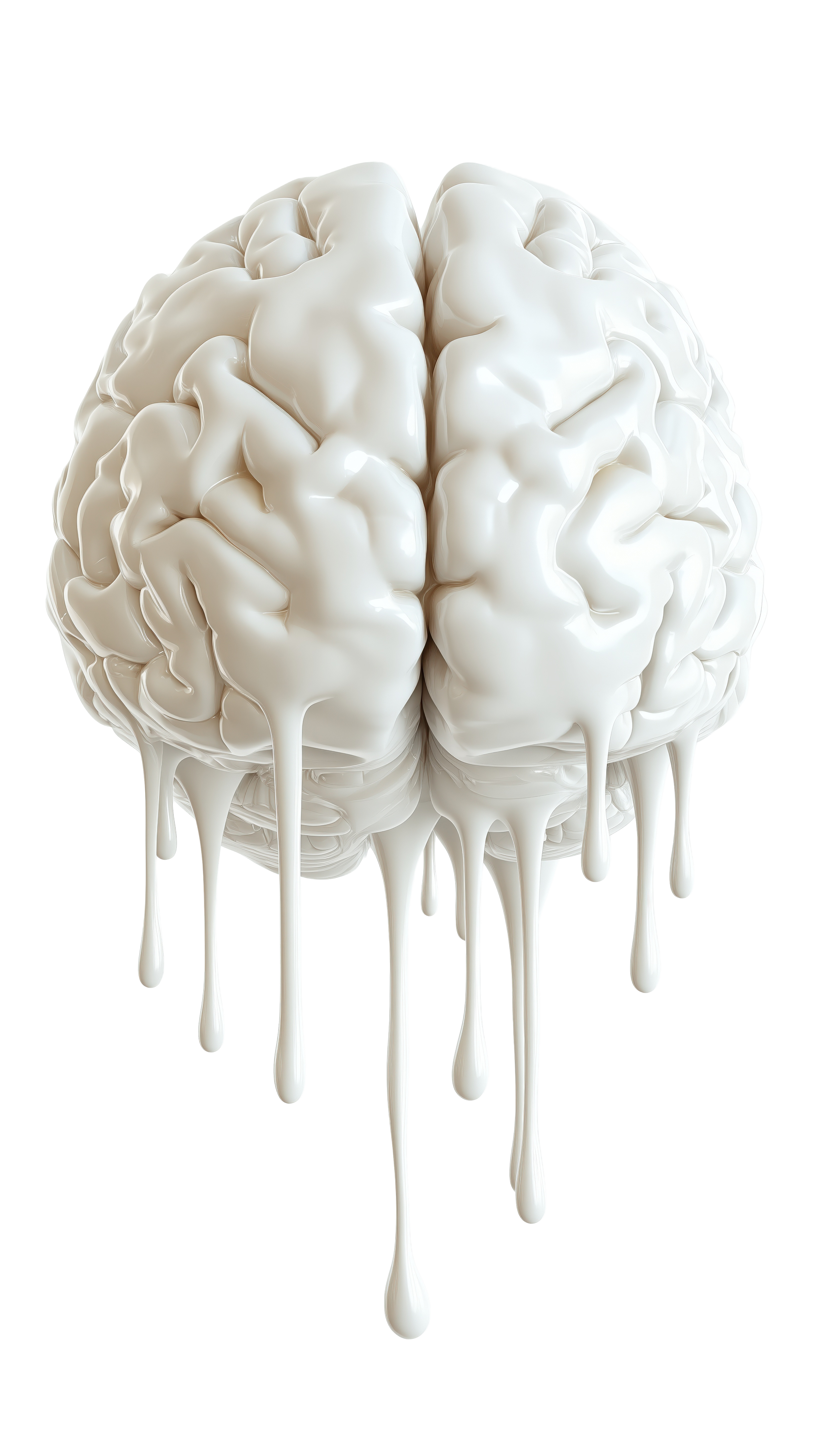 A human brain with white liquid dripping from it against a white background.