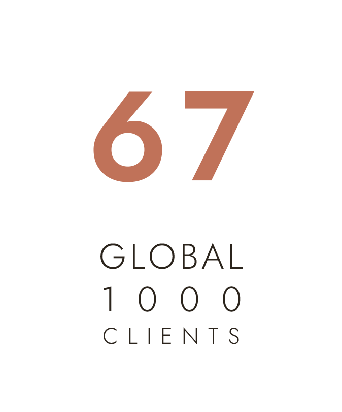 Number 67 in large brown text, with the words 'Global 1000 Clients' below in smaller black font.