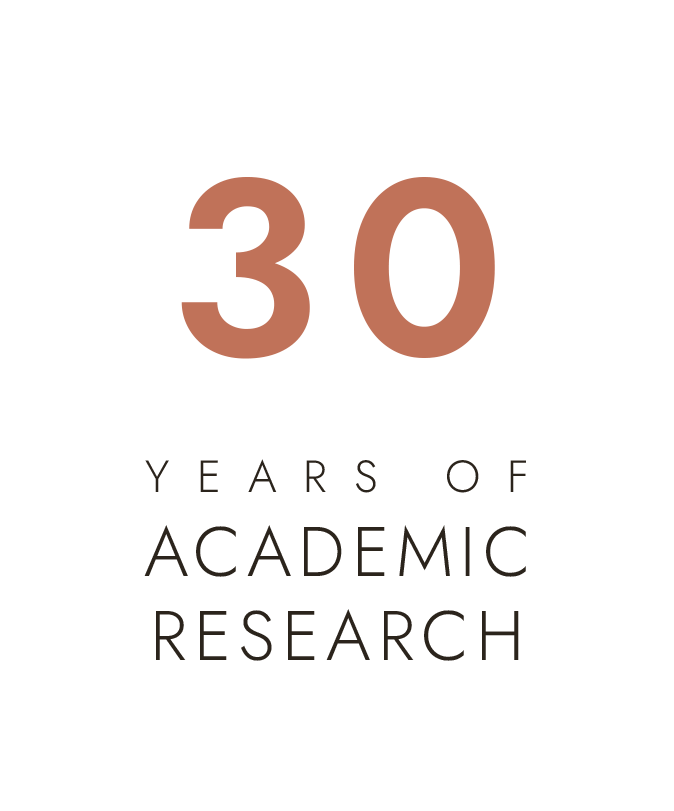 Graphic celebrating 30 years of academic research with the number 30 in large, brown font and the text 'Years of Academic Research' below.