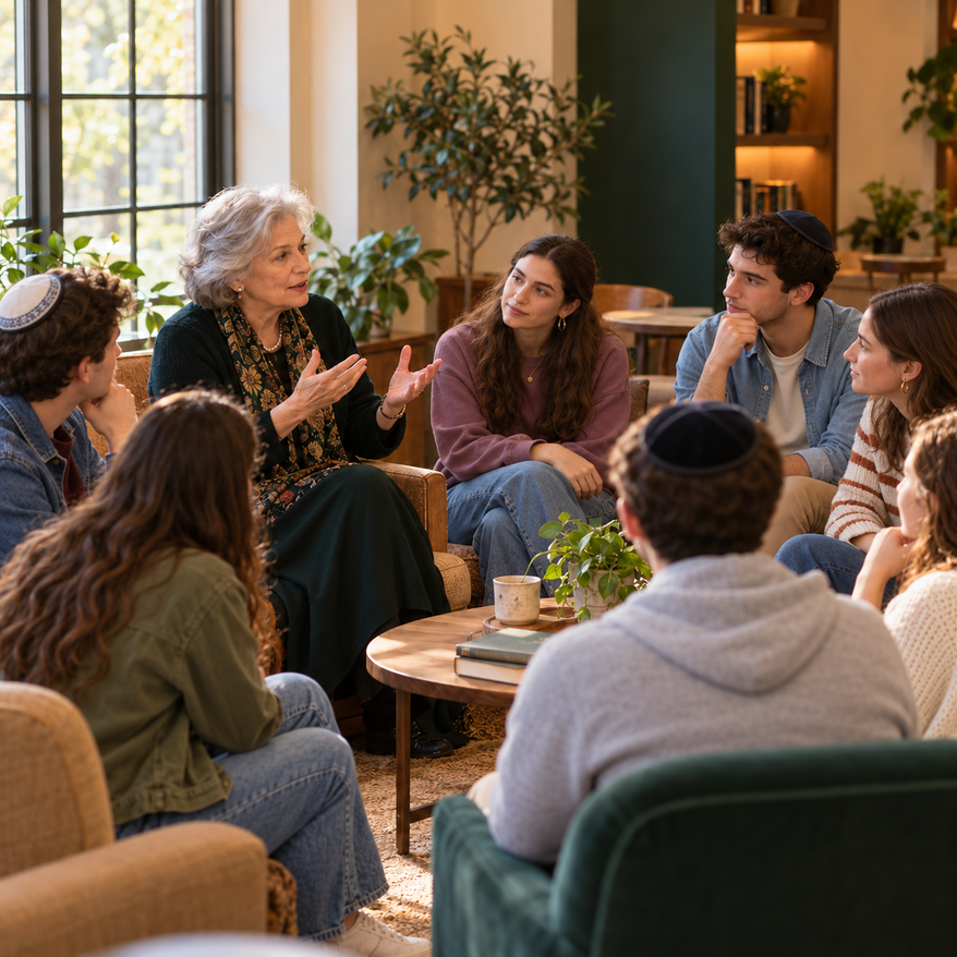 Illustration of Café Eitzah: an older woman sharing stories with young adults.