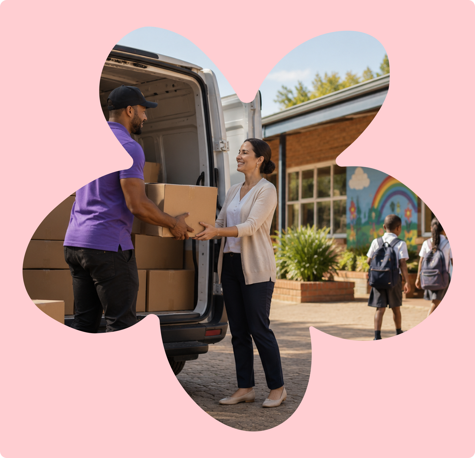 A woman with dark hair in a bun and tan shoes receiving a box from a delivery person in a purple shirt, with children walking by in the background outside a school building.