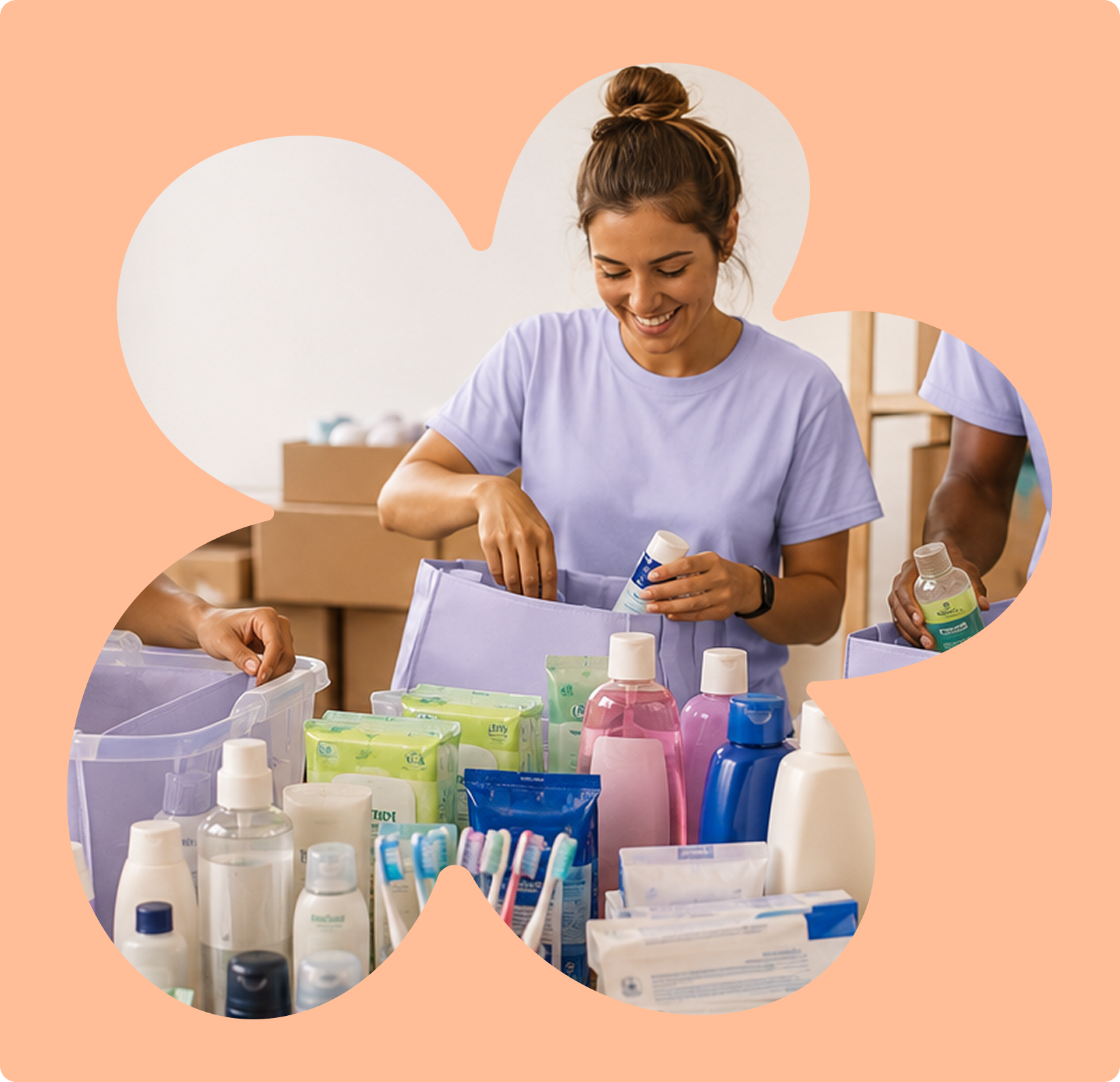Smiling woman packing toiletries and hygiene products into a box, surrounded by bottles, soap, and oral care items, in an organized setting.