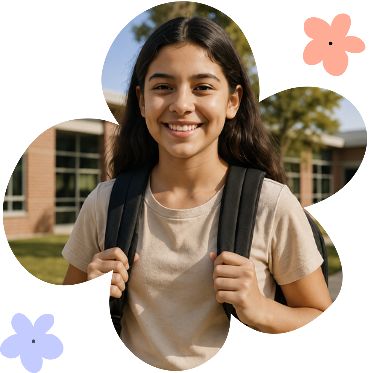 A smiling young woman with long dark hair, wearing a light beige T-shirt and carrying a black backpack, standing outdoors in front of a school building with trees and windows.