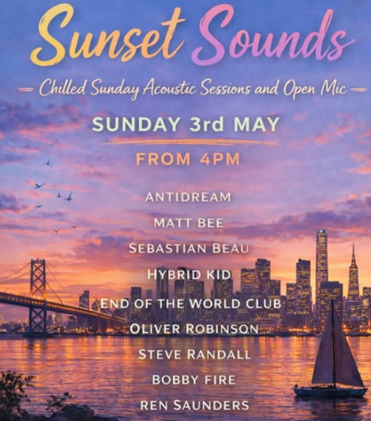 Sunset over a city skyline with an orange and purple sky, promoting a Sunday evening concert event called 'Sunset Sounds' with a list of musical acts, in American English.
