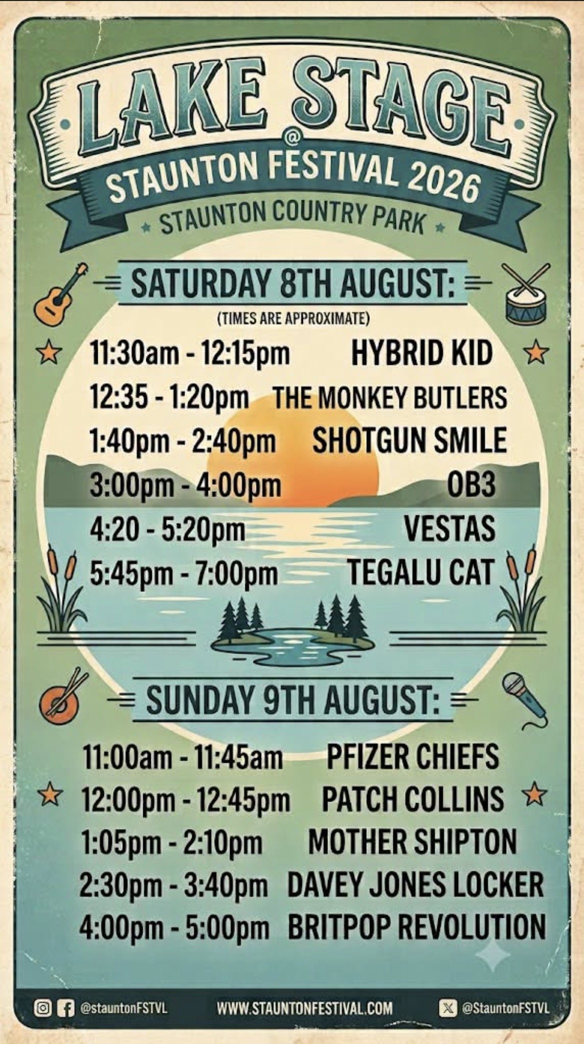 Schedule for Lake Stage at Staunton Festival 2026, held at Staunton Country Park on Saturday, August 8th, listing performances from various bands and artists throughout the day, and Sunday, August 9th, with times and performers. Includes musical icon